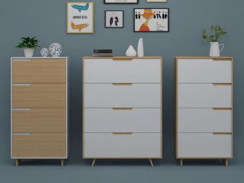 抽屉柜收纳装饰 原木色白色简约现代家居 绿植摆件装饰画灰蓝背景墙免费3d模型