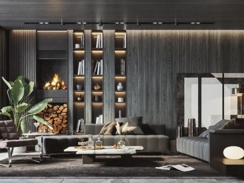 高端住宅客厅设计 现代风格家居装饰 大理石金属材质 层次灯光设计 艺术装饰绿植免费3d模型