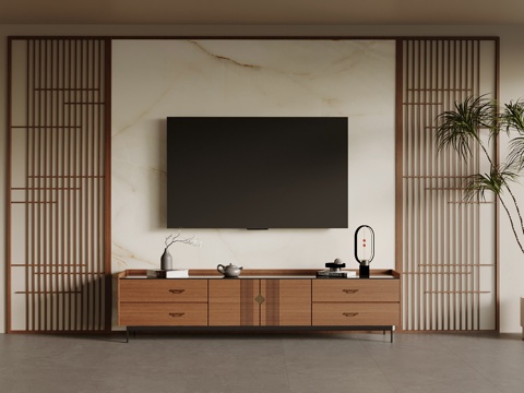  新中式电视柜 电视背景墙 屏风背景墙 饰品摆件3d模型 