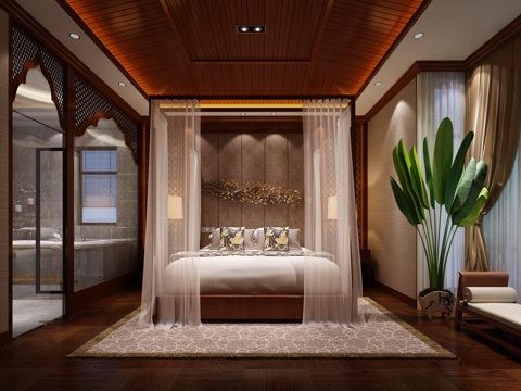  东南亚 卧室 吊顶 芭蕉 隔断 床3d模型 