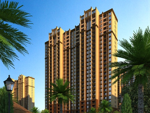  欧式简约高层住宅 棕榈树 全模场景3d模型 