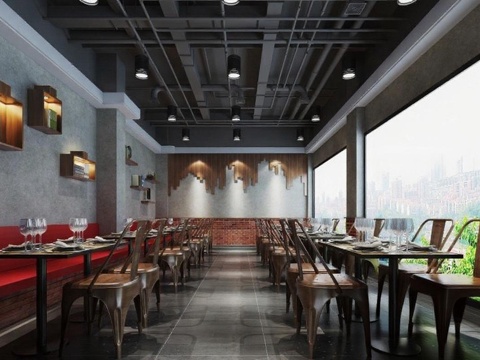  现代工业风餐厅设计 暖色调室内装饰 城市景观长廊布局 3D渲染效果图免费3d模型 