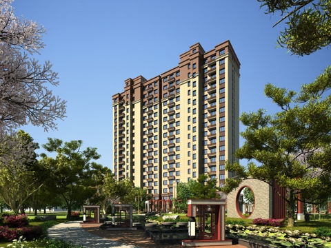  新中式高层住宅全模场景3d模型 