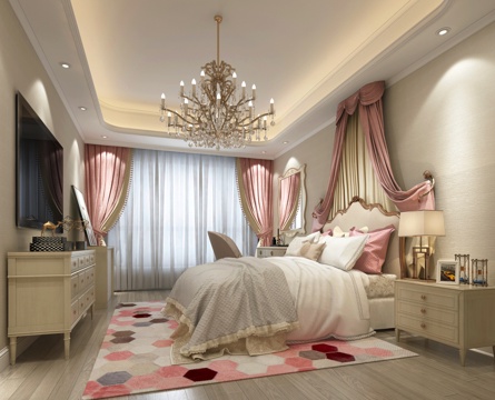  欧式简约女儿房 电视柜 床 吊灯 床头柜3d模型 