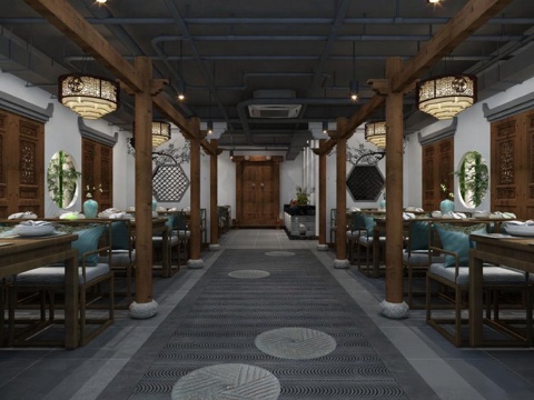 中式餐厅工业风室内设计3D渲染图 对称空间布局与传统现代融合装饰免费3d模型