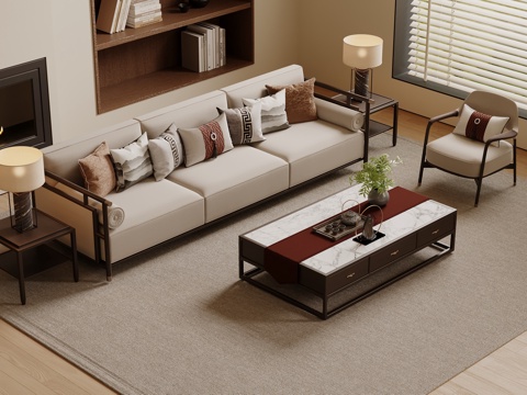  新中式沙发茶几 沙发茶几组合 直排沙发 木制茶几3d模型 