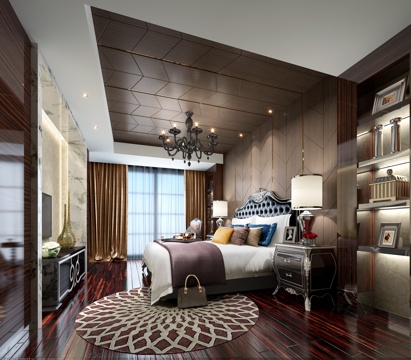  新古典主卧室 吊灯 挂画 床头柜 床 摆件 电视柜3d模型 