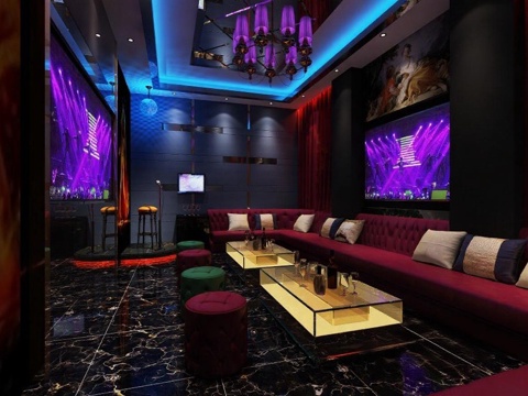 豪华KTV包厢设计 蓝紫灯光夜店氛围 大屏幕电视娱乐空间 现代家具奢华装修免费3d模型