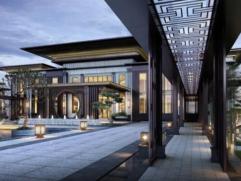 现代中式高端住宅 酒店度假村景观设计 黄昏3D渲染效果图 禅意庭院空间布局 奢华建筑水景园林免费3d模型