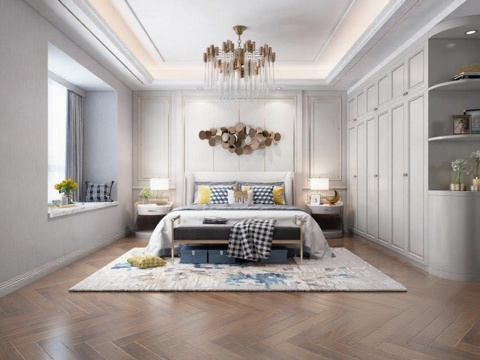 现代轻奢卧室设计 高端装修效果图 卧室空间布局 水晶吊灯储物空间 人字拼地板家居装饰免费3d模型