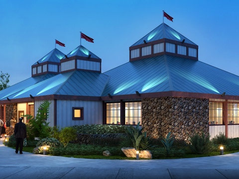  欧式别墅外观3D模型全模场景 夜景3d模型 