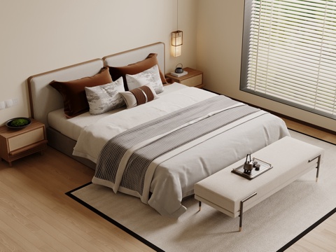  宋式双人床 木制床 床头柜 床头柜摆件3d模型 