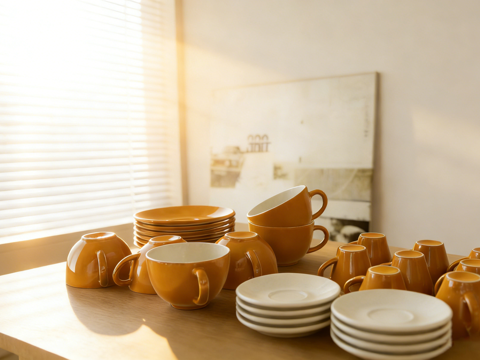 现代简约陶瓷杯碟 橙黄白色杯子餐盘 陶瓷餐具 静物组合场景道su模型