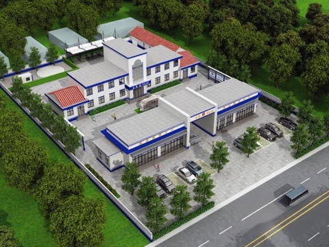 现代商业建筑3D设计 城市规划建筑群渲染图 蓝色线条白色外墙红色屋顶 停车场绿化景观布局免费3d模型