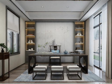 现代中式书房茶室设计 高端家居装饰 对称木质书架 山水画背景墙免费3d模型