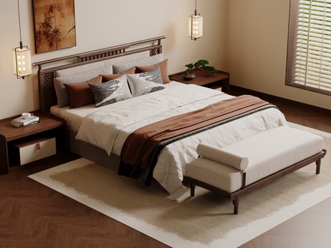 宋式双人床 木制床 床头柜 床头柜摆件 床尾塌su模型