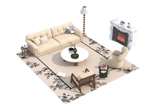  中古风沙发茶几组合3d模型 