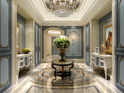  法式大厅 绿植 玄关柜 吊灯 门厅3d模型 