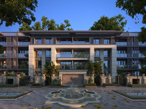  新中式多层住宅 灌木 全模场景 别墅 一点透视3d模型 