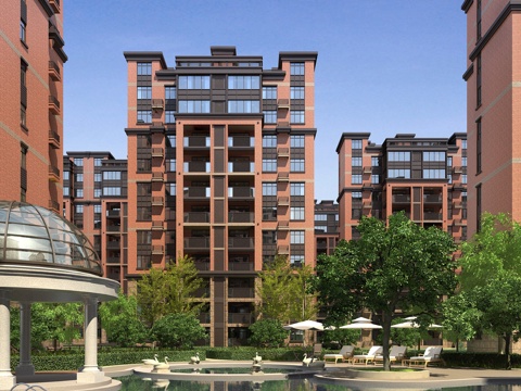  欧式高层住宅全模场景 一点透视 水景3d模型 