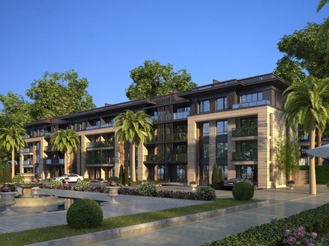  新中式多层住宅 灌木 全模场景 别墅3d模型 