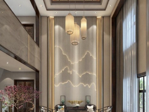 现代中式别墅客厅茶室挑高设计 木质格栅暖光吊灯禅意空间美学 高端住宅3D渲染效果图免费3d模型