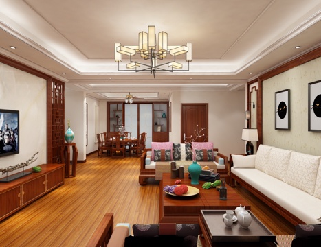  中式客厅餐厅 客餐厅 沙发茶几 餐桌椅 客厅 挂画 玄关3d模型 