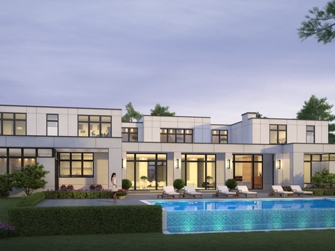  现代别墅外观全模场景 游泳池3d模型 