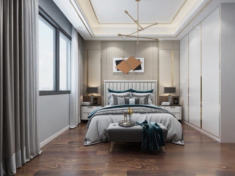 现代轻奢卧室设计 高端住宅3D渲染效果图 灰色调室内装饰灵感 轻奢风格家居方案 金属元素抽象艺术装饰免费3d模型