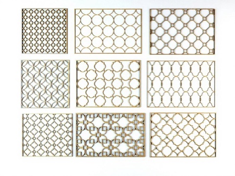现代金属装饰面板设计 极简艺术镂空墙面元素 3D模型格栅建筑装饰 金色几何图形室内设计 创意立体装饰面板组合免费3d模型