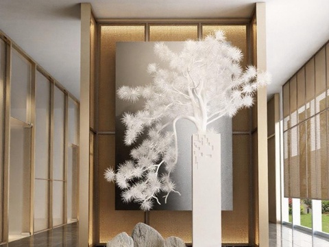 高端酒店装饰艺术设计 现代禅意空间美学 3D渲染大理石金属框架 室内艺术装置灵感免费3d模型