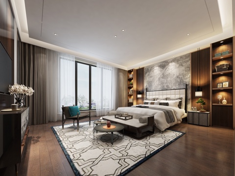  新中式卧室 床 挂画 电视柜 床头柜3d模型 