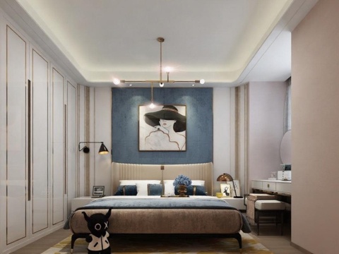 现代轻奢卧室设计 蓝色艺术背景墙装饰 3D渲染家居方案 高端装修温馨空间免费3d模型