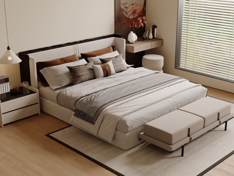  宋式双人床 木制床 床头柜 床头柜摆件3d模型 