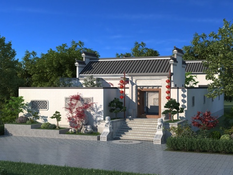  中式别墅 灌木 全模场景 农村改造 松树 灯笼 路灯3d模型 