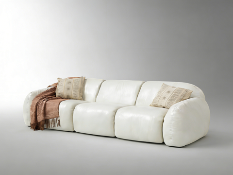 奶油风三人沙发 米白色皮革 配流苏毯几何抱枕 饱满坐垫云朵沙su模型