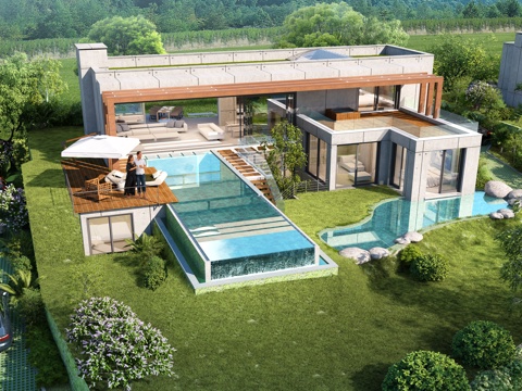  现代别墅外观全模场景 游泳池 园林 景观 屋顶花园3d模型 