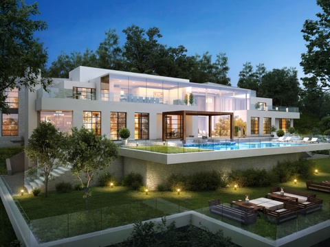  现代别墅外观全模场景 游泳池 夜景3d模型 