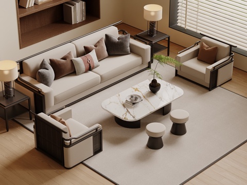 新中式沙发茶几 沙发茶几组合 直排沙发 木制茶几su模型
