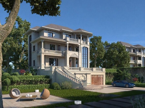 豪华欧式别墅3D渲染建筑设计 现代庭院景观与蓝色跑车展示 高端住宅建筑与环境实景免费3d模型