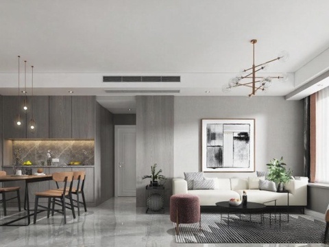 现代简约客餐厅设计 高端住宅3D渲染案例 开放式家居空间装饰免费3d模型