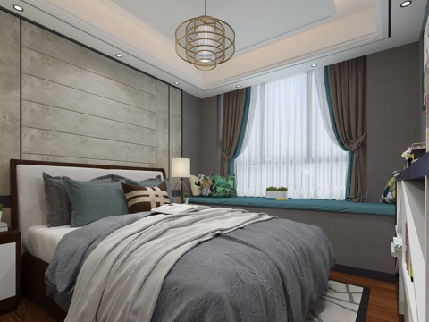  新中式卧室 床 吊灯3d模型 