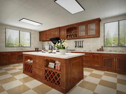 现代欧式厨房实木橱柜设计 大理石台面中央岛台 对称布局家居装修效果图免费3d模型