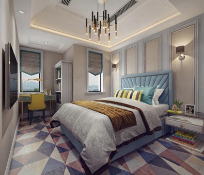 现代轻奢卧室设计 高端室内装修装饰 蓝色调家居3D渲染效果图免费3d模型