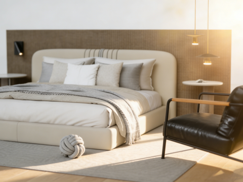 现代简约卧室双人床 双圆形边桌 编织纹理背景墙 金色吊灯 浅su模型