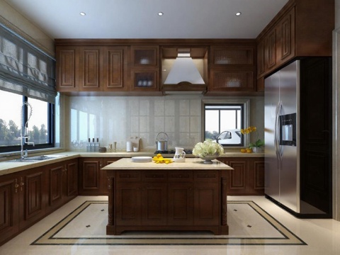 美式风格定制橱柜 高端实木厨房橱柜设计 现代轻奢家居装修 大理石台面L型厨房布局免费3d模型