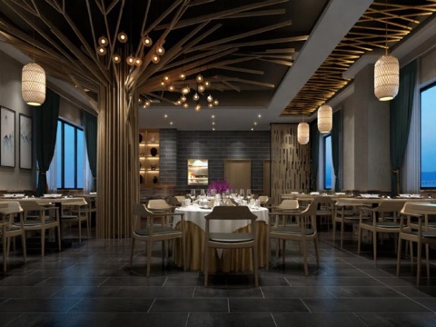 高端餐饮空间设计 自然元素现代简约餐厅3D渲染效果图 艺术空间室内设计案例免费3d模型