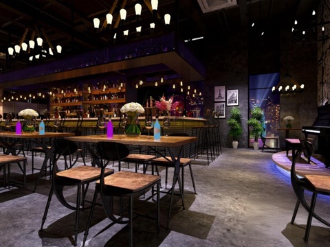  工业风酒吧餐厅设计 3D渲染夜景效果图 金属木质家具空间布局 音乐表演区绿植装饰免费3d模型 