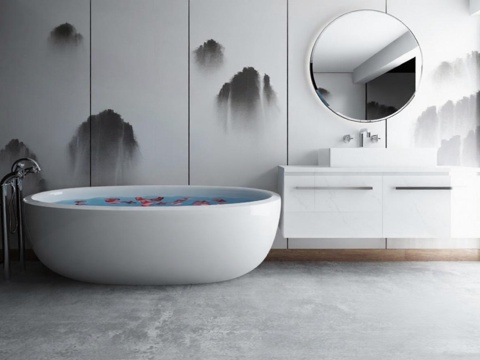 高端卫浴设计 现代独立浴缸 大理石台面卫浴空间 水墨山景装饰 极简风格灵感免费3d模型