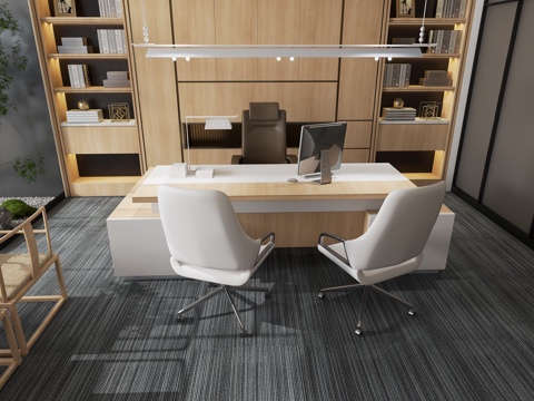  现代办公室 老总室 经理室 书房 办公桌椅 原木风 G0443d模型 